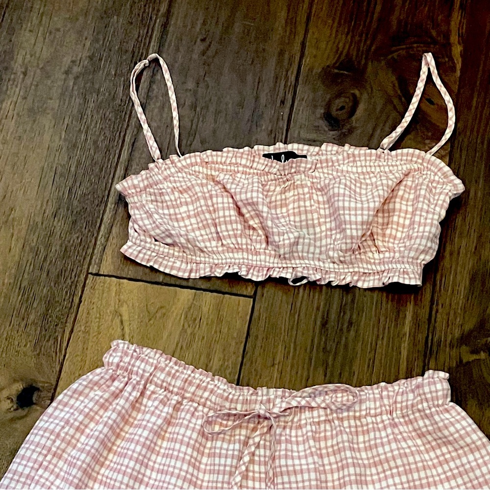 New Lulu’s 2 Piece Halter Short Set- Pink Mauve Plaid, M